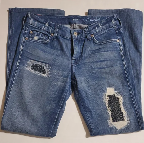 7 For all man kind jeans distressed boot cut jeans. waist size 26 - Picture 4 of 10